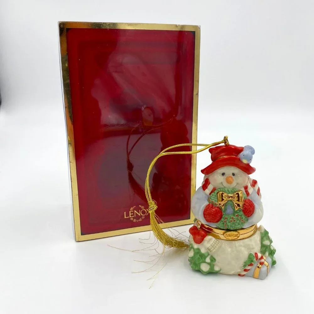 Lenox Snowman Trinket Box Christmas Ornament # 6339584 Blue Bird Wreath 3.5